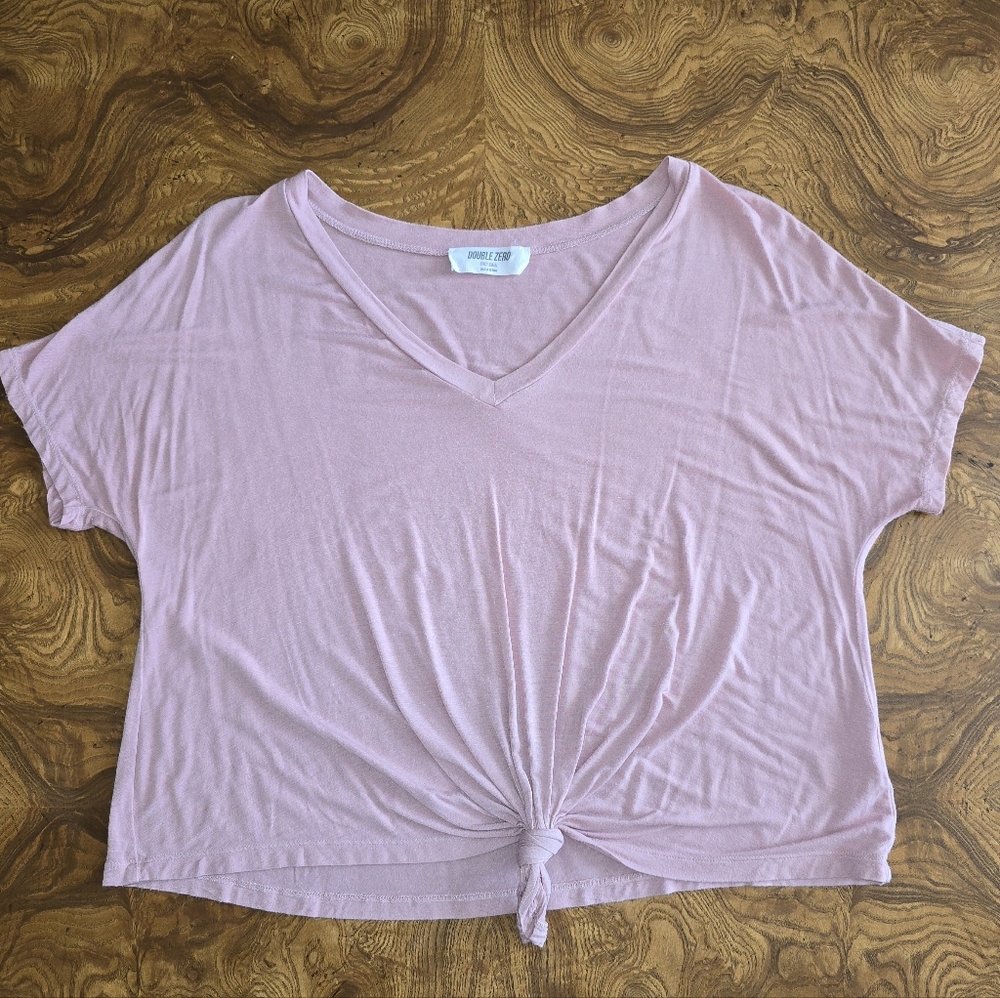 Double Zero Pink V-neck Crop Top Front Tie Short Sleeves, Womens size Small